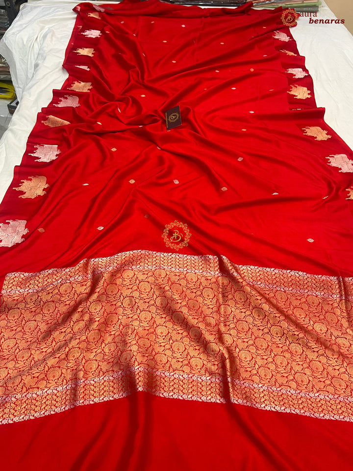 Bridal Red Pure Katan Silk Banarasi Saree Kadhwa Cow Motifs