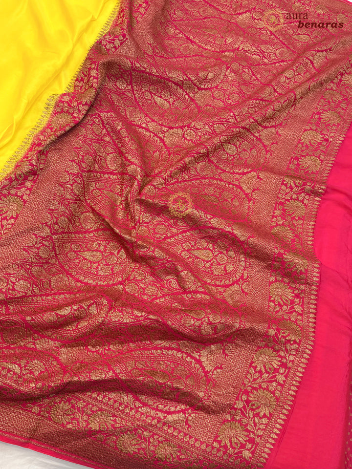 Lemon Yellow Pure Crepe Silk Banarasi Saree with Antique Zari Jaal Work
