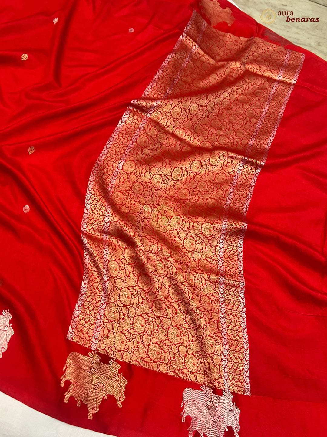 Bridal Red Pure Katan Silk Banarasi Saree Kadhwa Cow Motifs