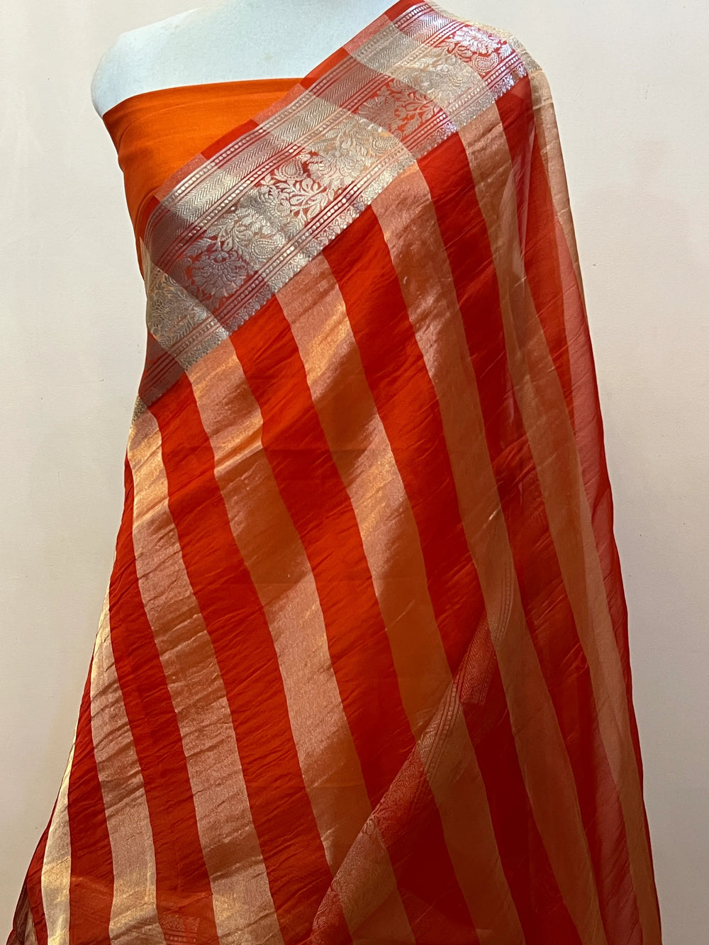 Orange Banarasi Handloom Crush Kora Tissue Silk Saree