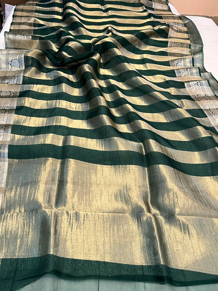 Bottle Green Banarasi Handloom Crush Kora Tissue Silk Saree