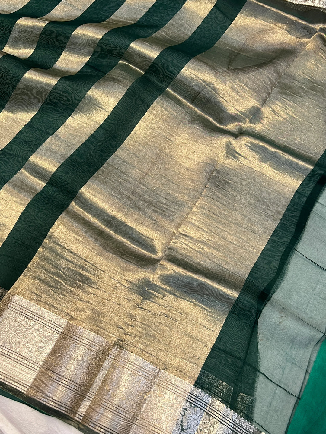 Bottle Green Banarasi Handloom Crush Kora Tissue Silk Saree