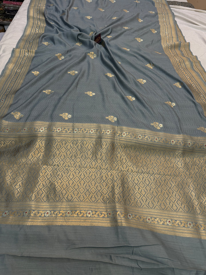 Grey Pure Chiniya Silk Handloom Banarasi Saree