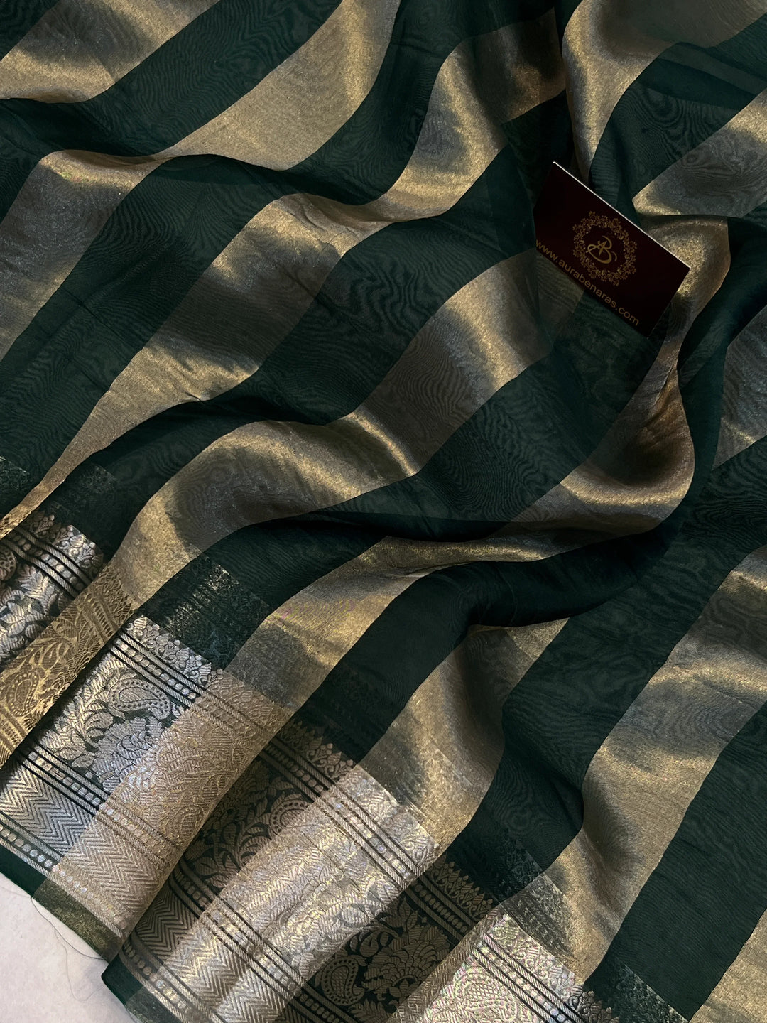 Bottle Green Banarasi Handloom Crush Kora Tissue Silk Saree