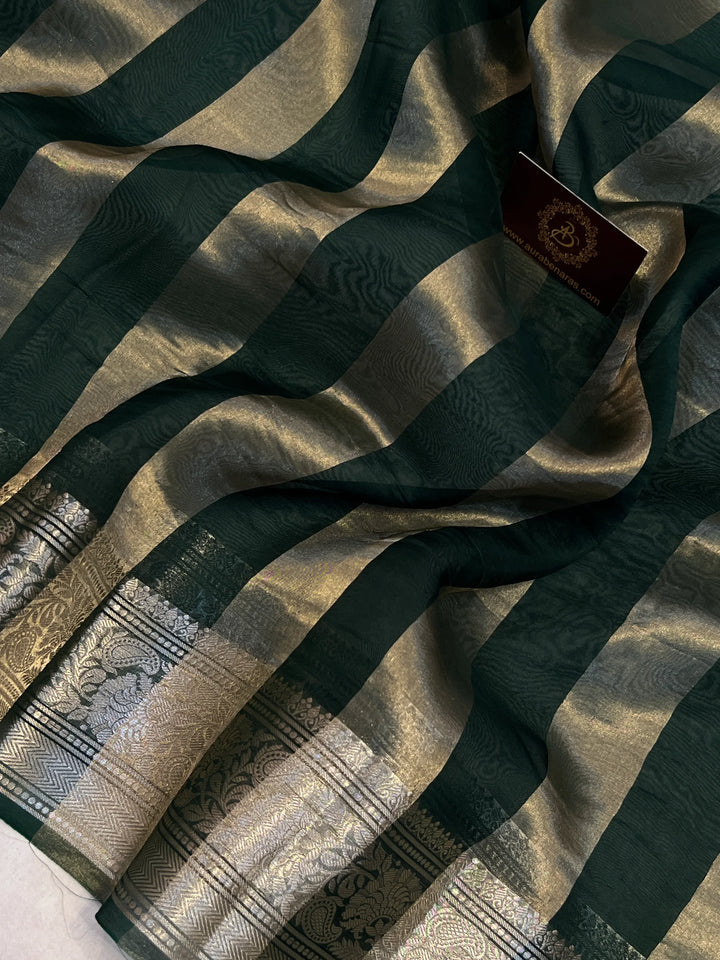 Bottle Green Banarasi Handloom Crush Kora Tissue Silk Saree