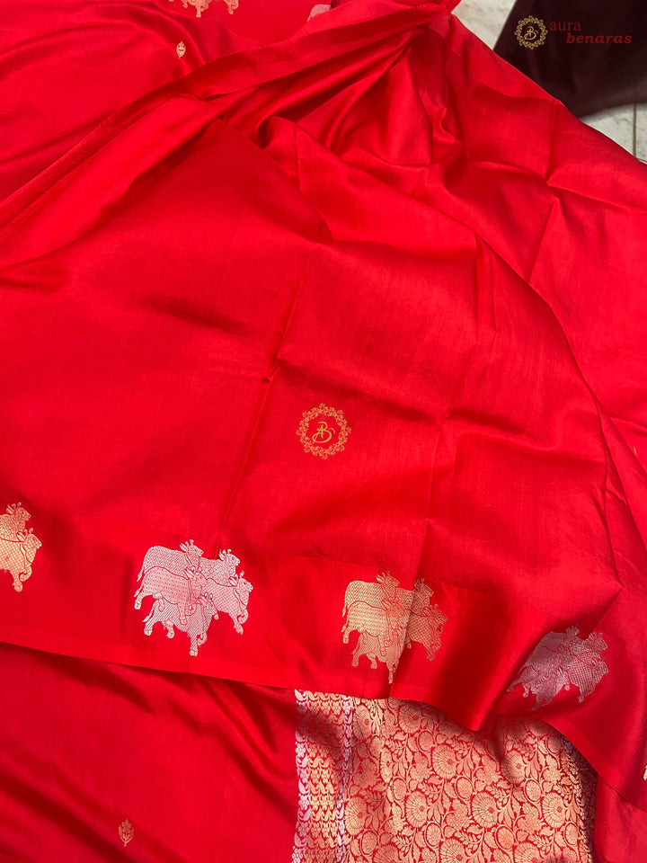 Bridal Red Pure Katan Silk Banarasi Saree Kadhwa Cow Motifs