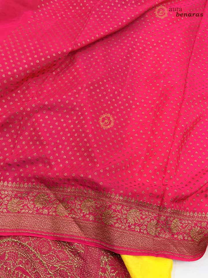 Lemon Yellow Pure Crepe Silk Banarasi Saree with Antique Zari Jaal Work