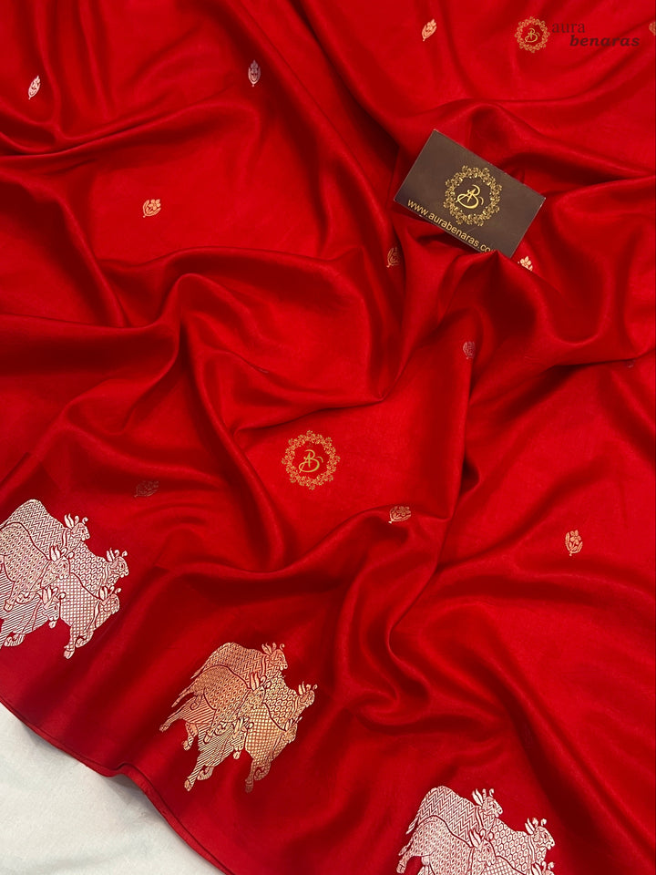 Bridal Red Pure Katan Silk Banarasi Saree Kadhwa Cow Motifs