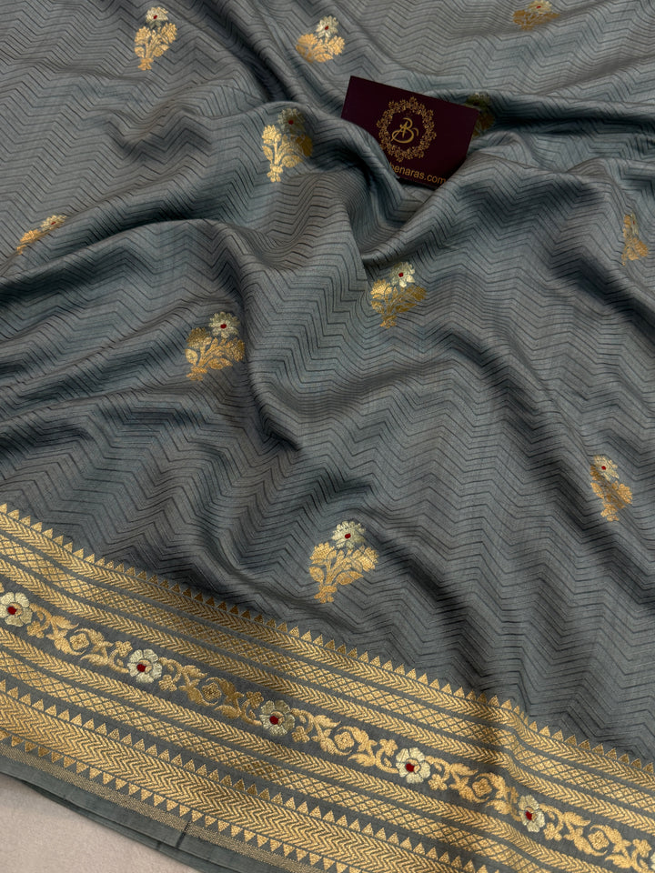 Grey Pure Chiniya Silk Handloom Banarasi Saree