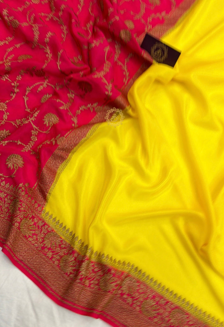 Lemon Yellow Pure Crepe Silk Banarasi Saree with Antique Zari Jaal Work