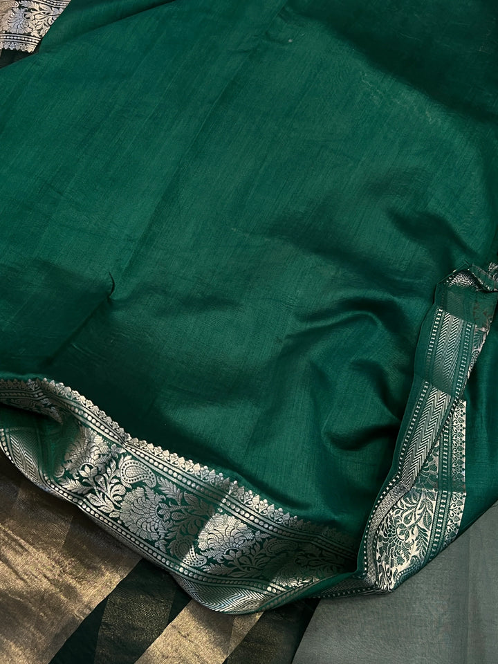 Bottle Green Banarasi Handloom Crush Kora Tissue Silk Saree