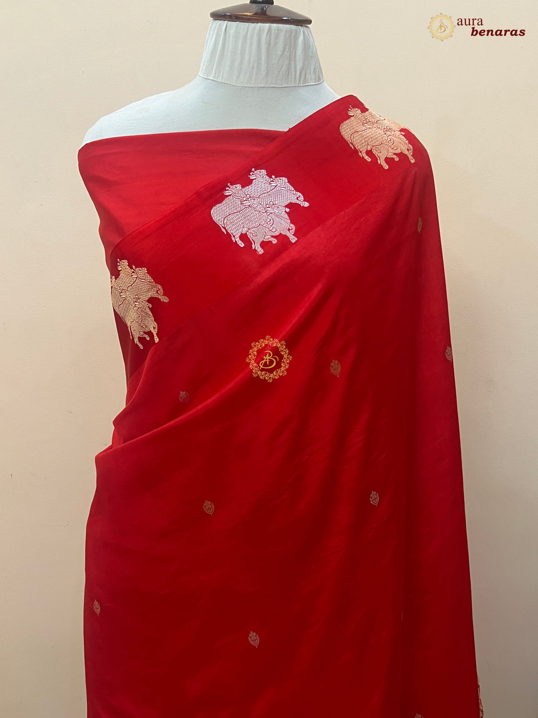 Bridal Red Pure Katan Silk Banarasi Saree Kadhwa Cow Motifs