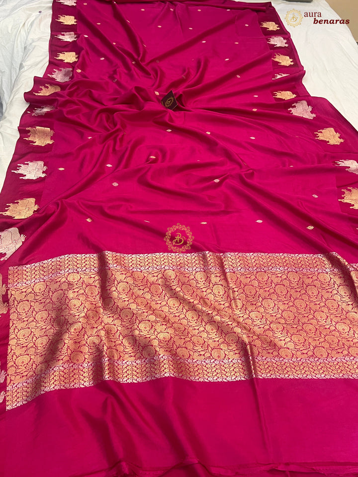  Rani Pink Pure Katan Silk Banarasi Saree Kadhwa Cow Motifs