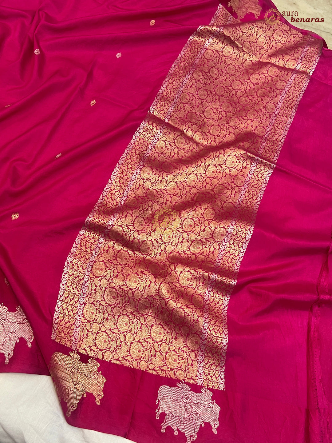  Rani Pink Pure Katan Silk Banarasi Saree Kadhwa Cow Motifs
