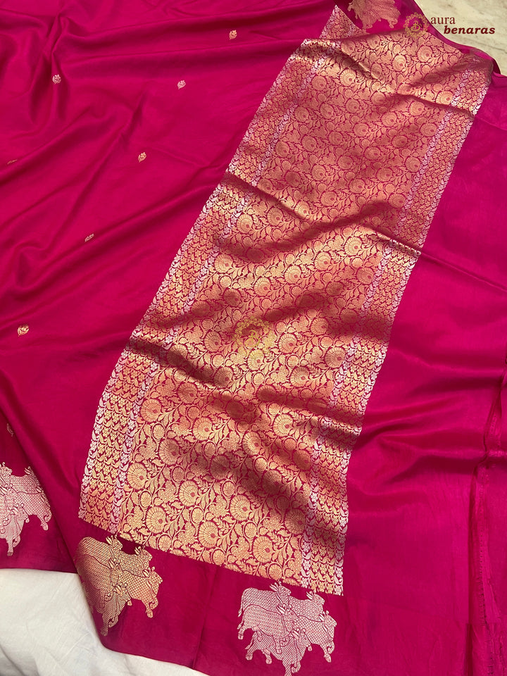 Rani Pink Pure Katan Silk Banarasi Saree Kadhwa Cow Motifs