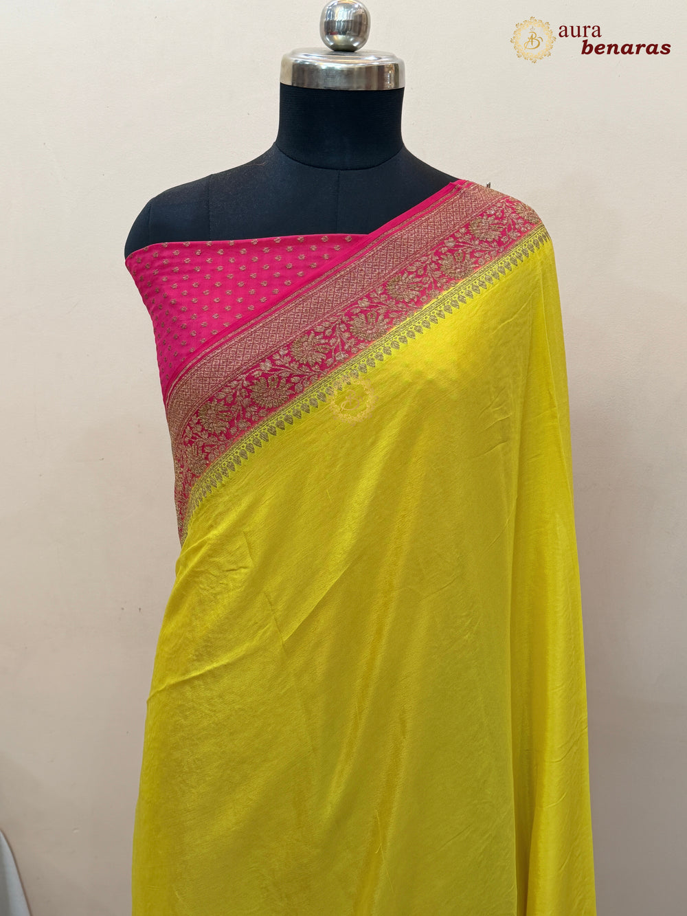 Lemon Yellow Pure Crepe Silk Banarasi Saree with Antique Zari Jaal Work