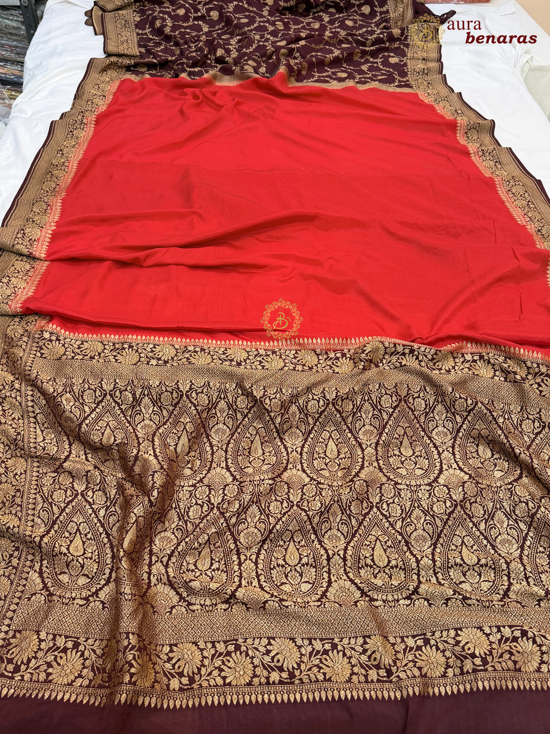 Red Pure Crepe Silk Banarasi Saree with Antique Zari Jaal Work