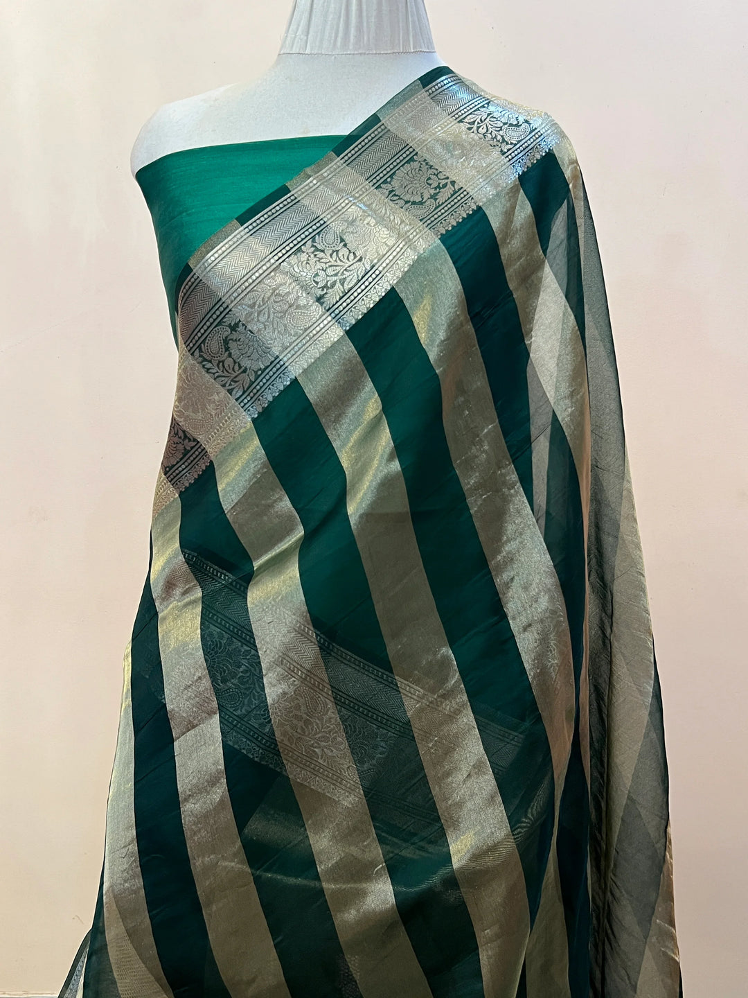 Bottle Green Banarasi Handloom Crush Kora Tissue Silk Saree