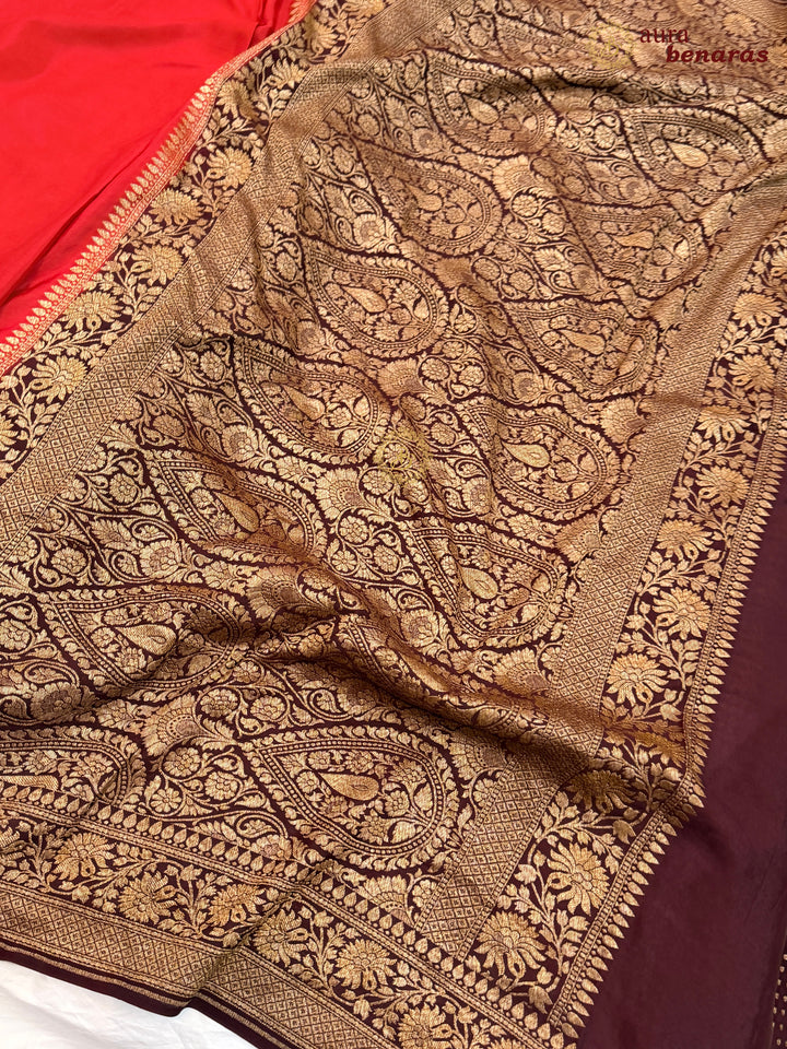 Red Pure Crepe Silk Banarasi Saree with Antique Zari Jaal Work