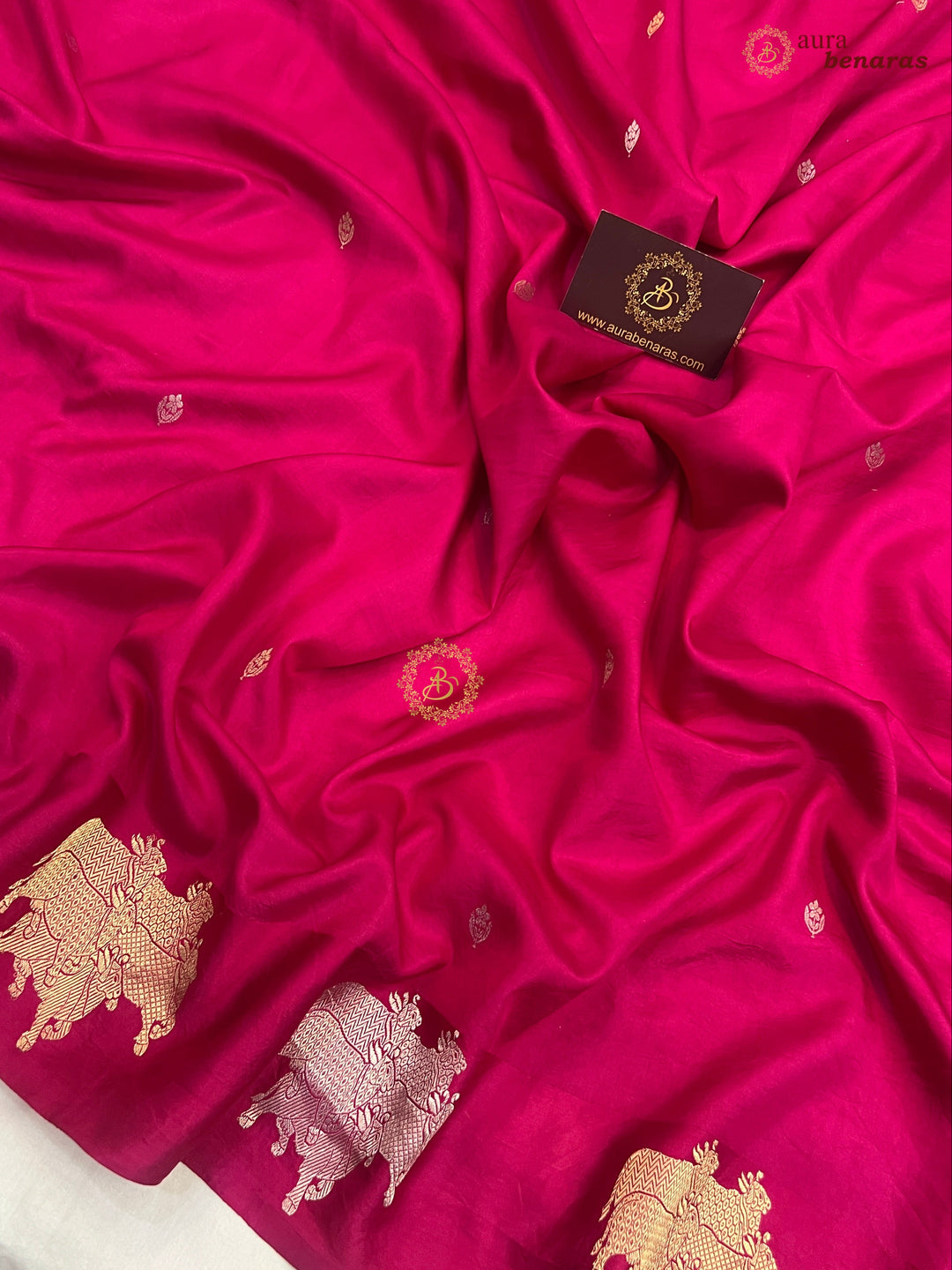  Rani Pink Pure Katan Silk Banarasi Saree Kadhwa Cow Motifs
