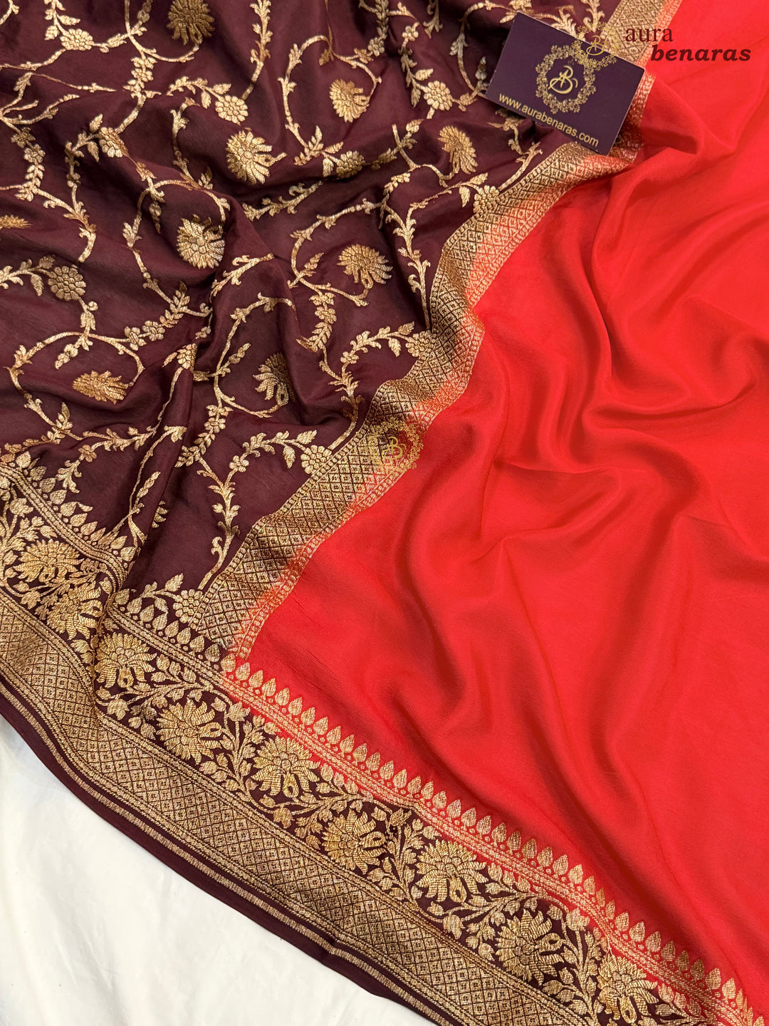 Red Pure Crepe Silk Banarasi Saree with Antique Zari Jaal Work
