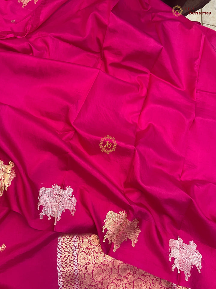 Rani Pink Pure Katan Silk Banarasi Saree Kadhwa Cow Motifs