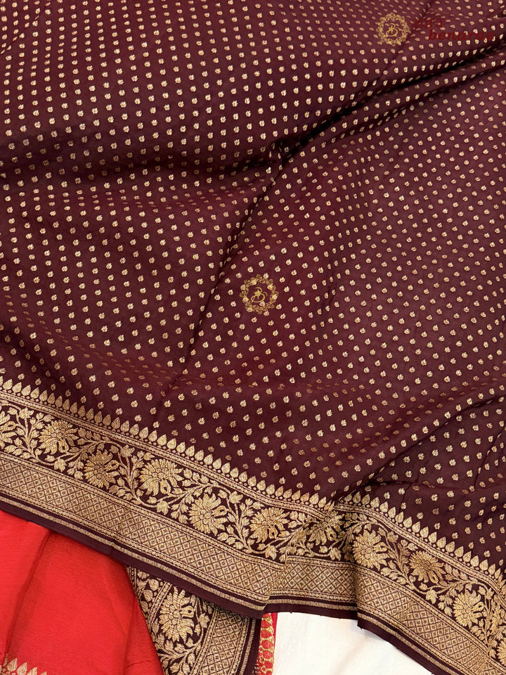 Red Pure Crepe Silk Banarasi Saree with Antique Zari Jaal Work