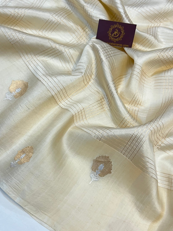 Cream Pure Banarasi Handloom Silk Saree - Aura Benaras