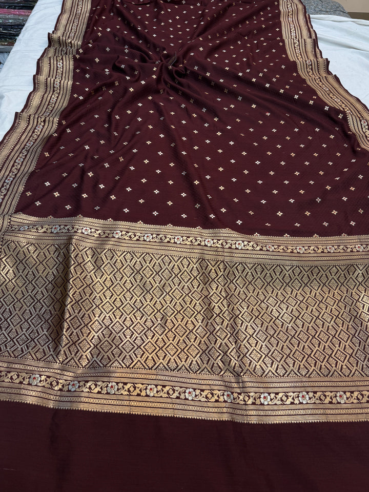 Chocolate Brown Pure Chiniya Silk Handloom Banarasi Saree