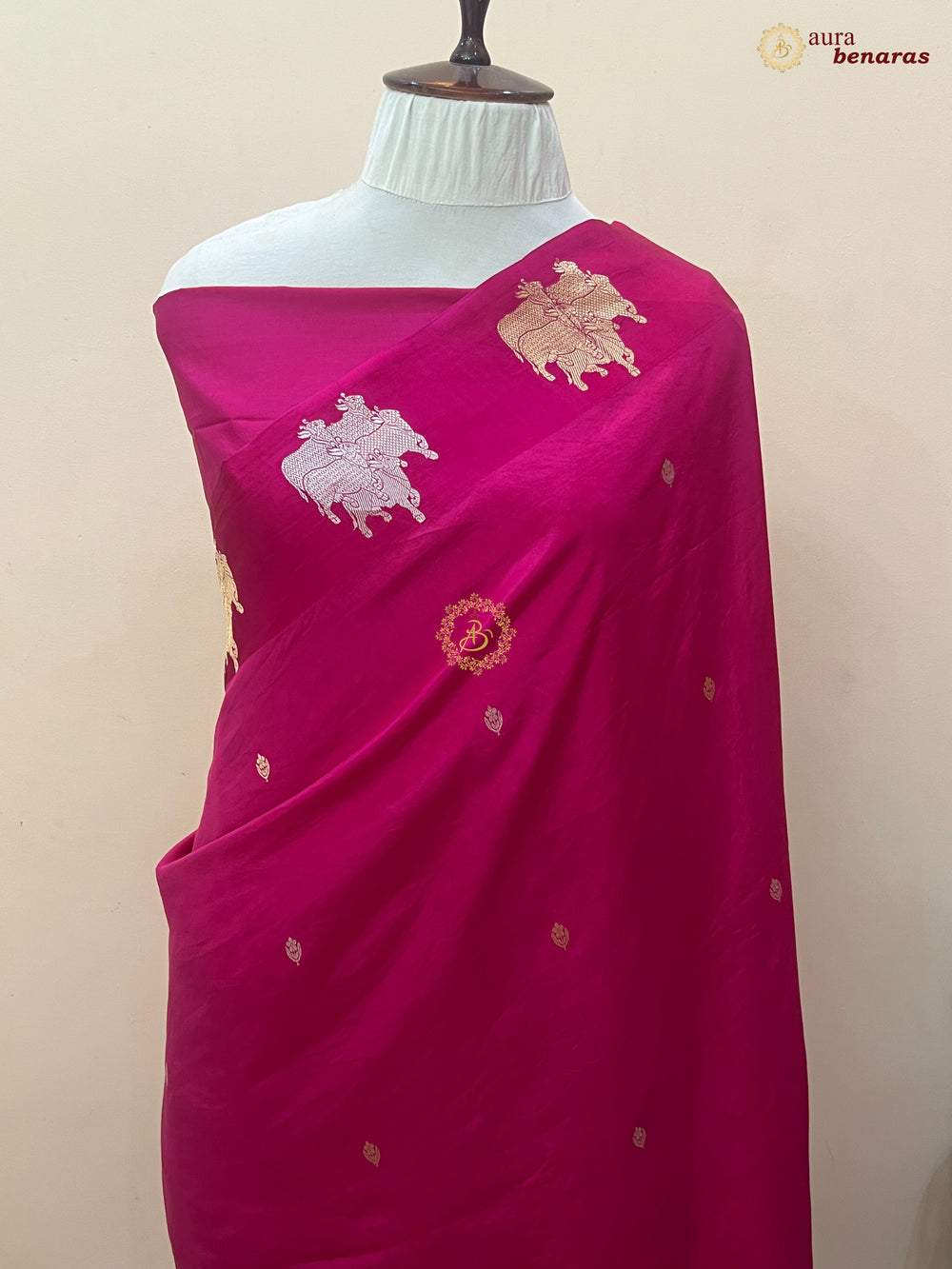  Rani Pink Pure Katan Silk Banarasi Saree Kadhwa Cow Motifs