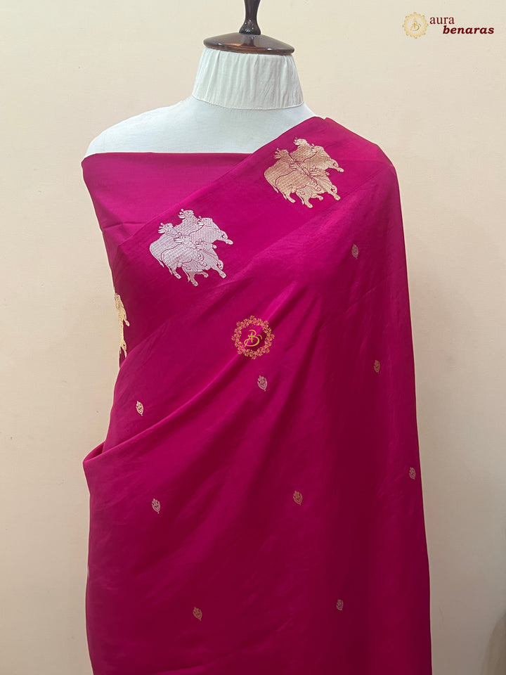  Rani Pink Pure Katan Silk Banarasi Saree Kadhwa Cow Motifs