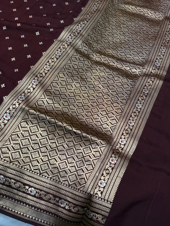 Chocolate Brown Pure Chiniya Silk Handloom Banarasi Saree