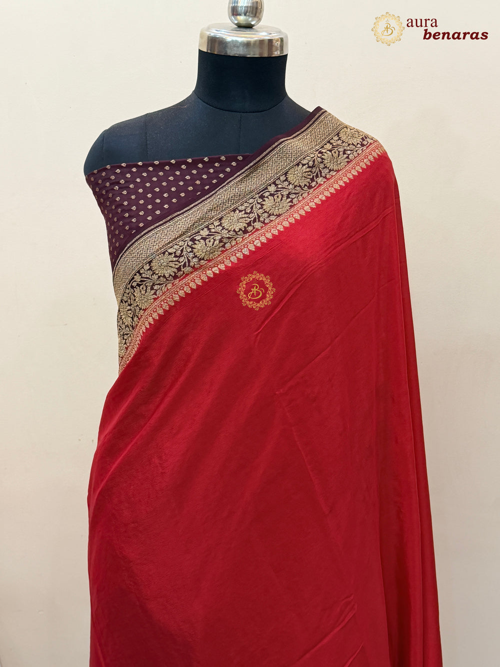Red Pure Crepe Silk Banarasi Saree with Antique Zari Jaal Work