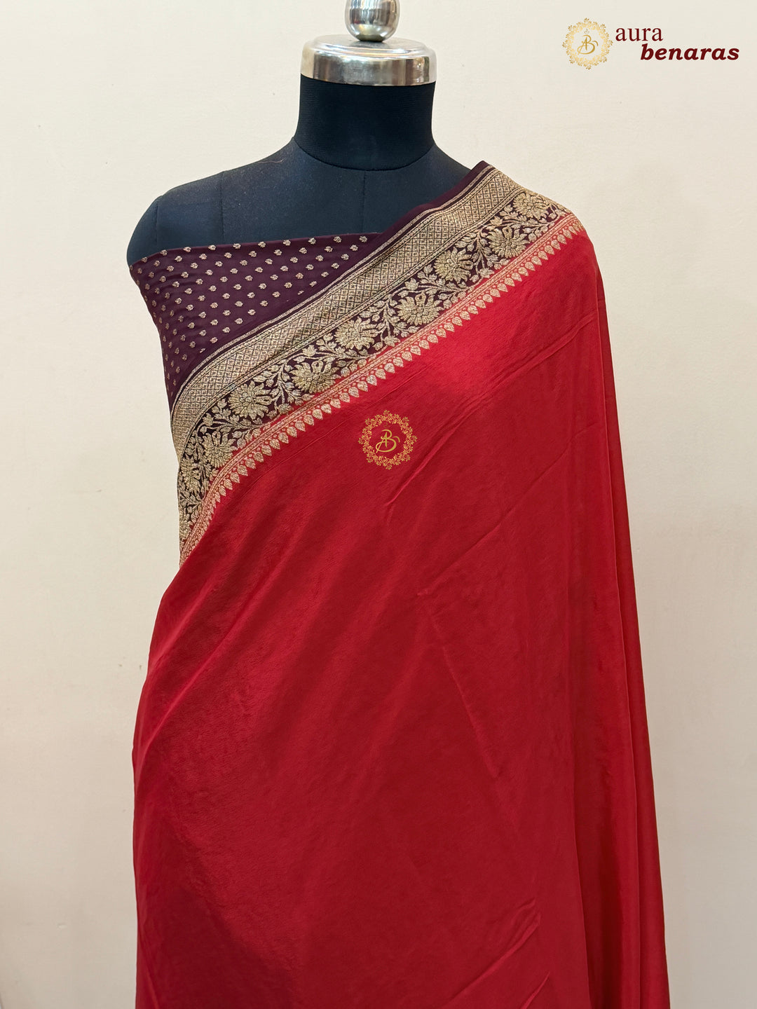Red Pure Crepe Silk Banarasi Saree with Antique Zari Jaal Work