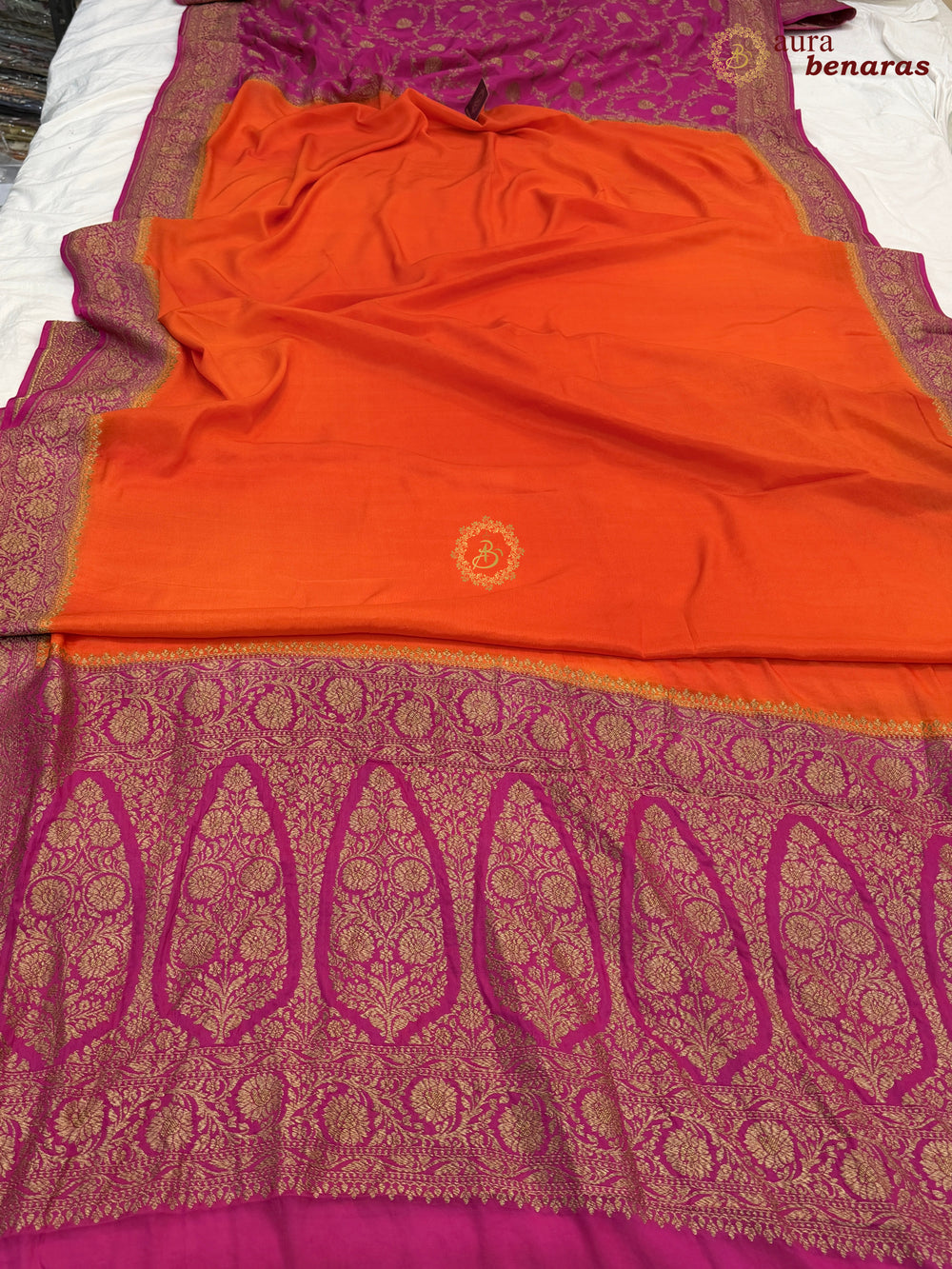 Orange Pure Crepe Silk Banarasi Saree with Antique Zari Jaal Work