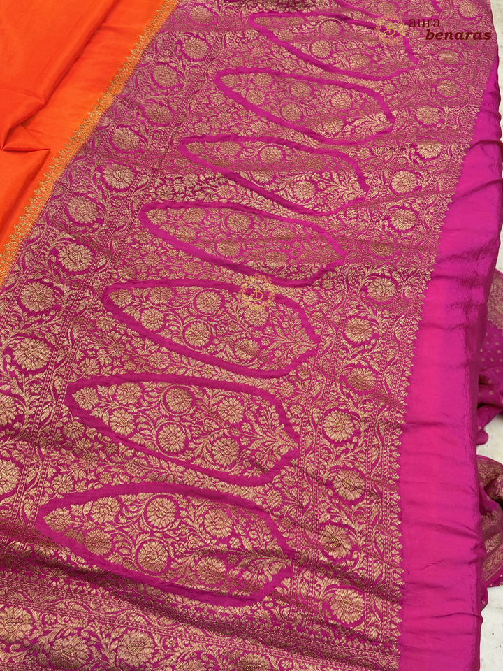 Orange Pure Crepe Silk Banarasi Saree with Antique Zari Jaal Work
