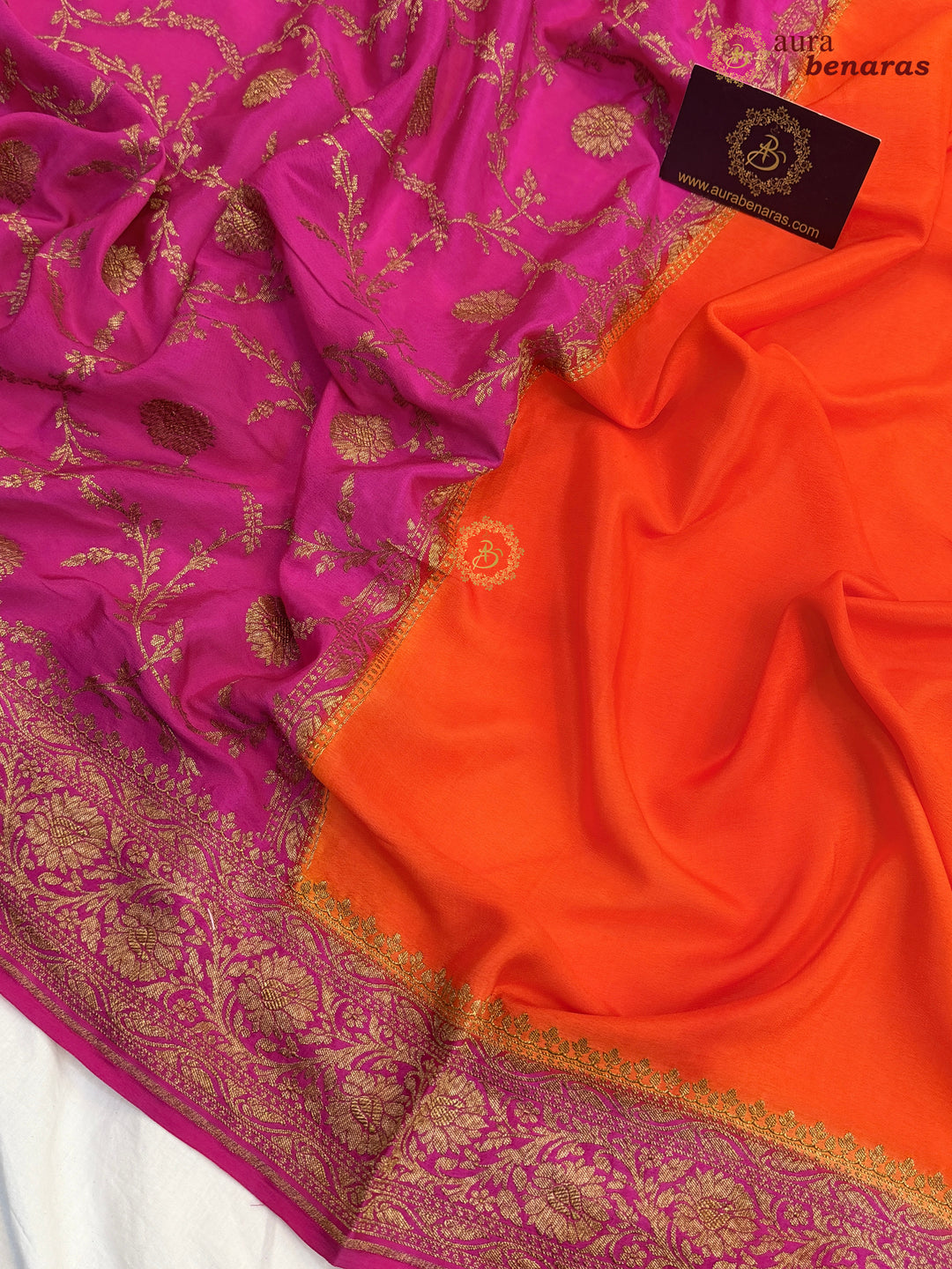 Orange Pure Crepe Silk Banarasi Saree with Antique Zari Jaal Work
