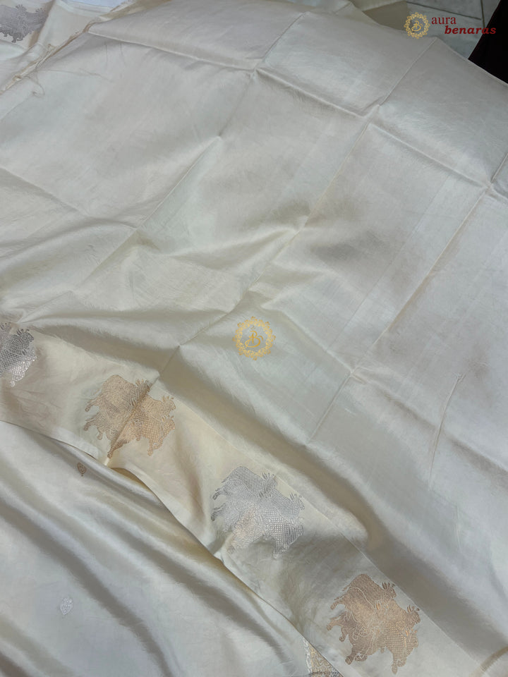  Off White Pure Katan Silk Banarasi Saree Kadhwa Cow Motifs