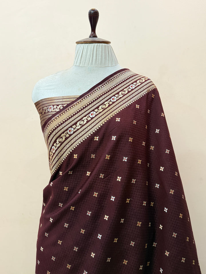 Chocolate Brown Pure Chiniya Silk Handloom Banarasi Saree