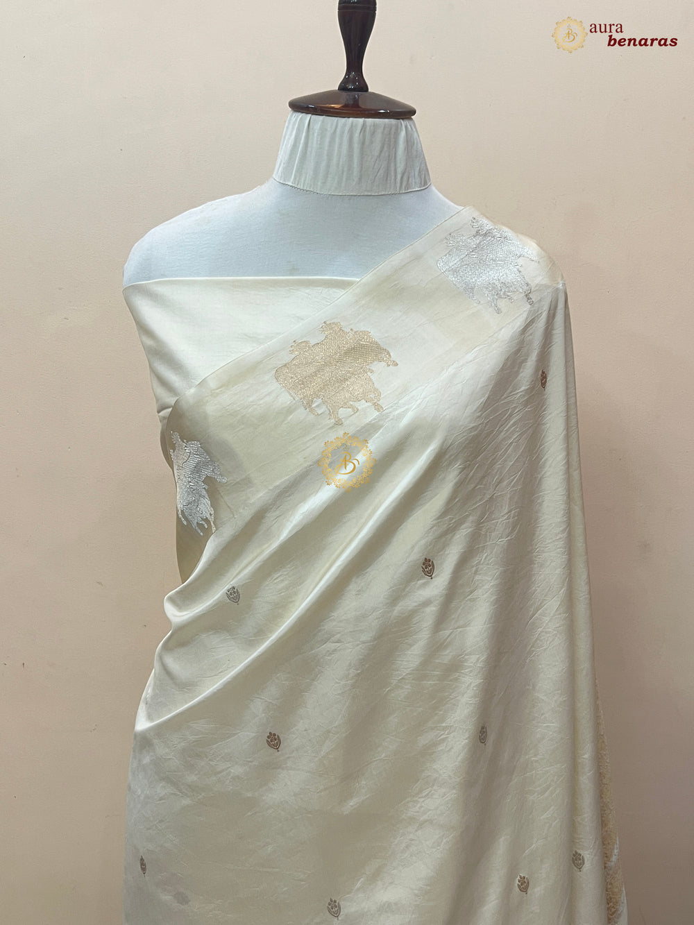  Off White Pure Katan Silk Banarasi Saree Kadhwa Cow Motifs