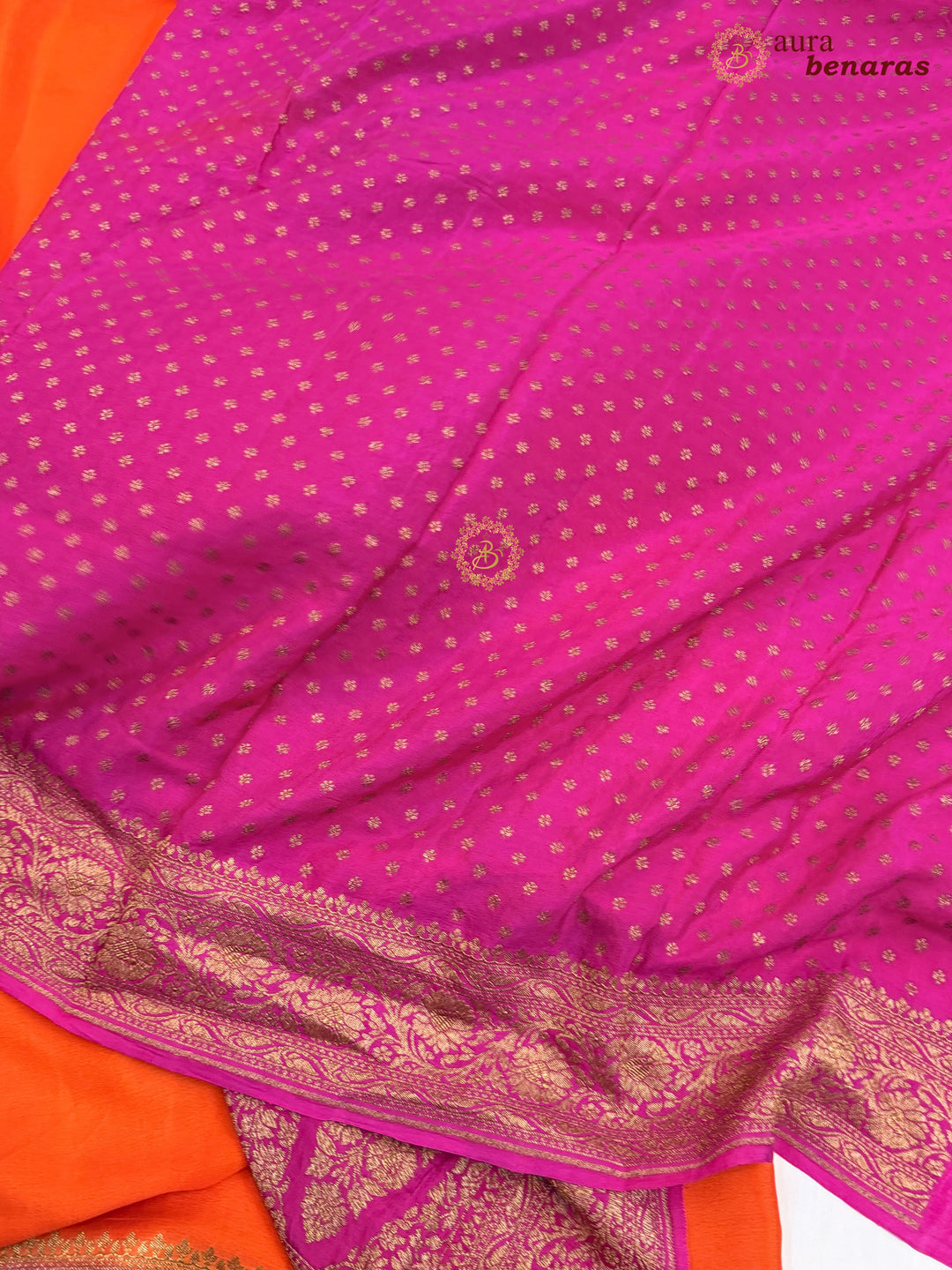 Orange Pure Crepe Silk Banarasi Saree with Antique Zari Jaal Work