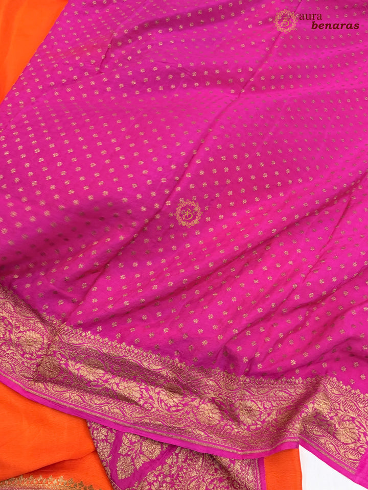 Orange Pure Crepe Silk Banarasi Saree with Antique Zari Jaal Work