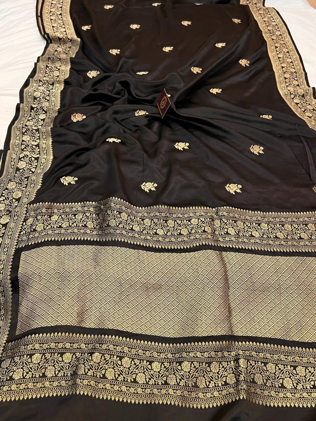 Black Pure Mashru Silk Handloom Banarasi Saree