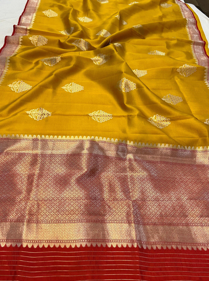 Mustard Yellow Pure Banarasi Handloom Silk Saree - Aura Benaras