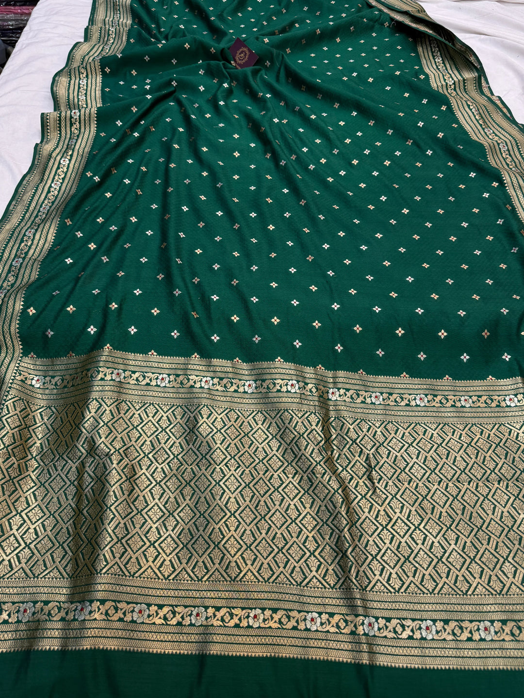 Bottle Green Pure Chiniya Silk Handloom Banarasi Saree