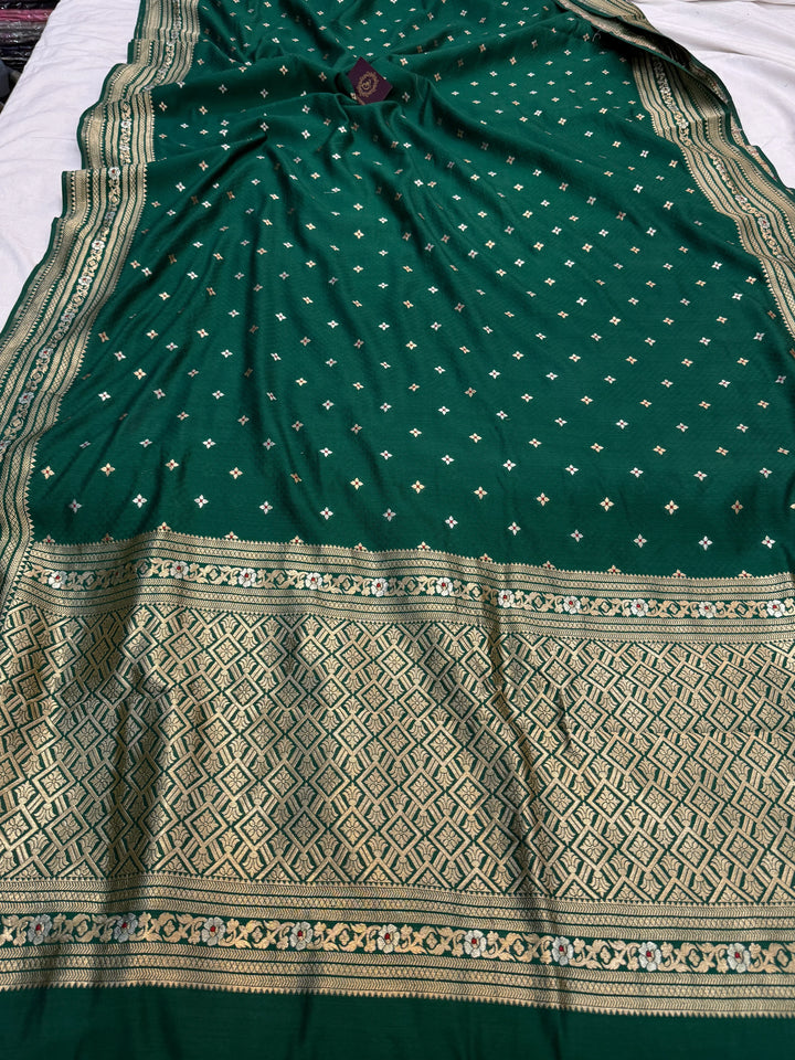 Bottle Green Pure Chiniya Silk Handloom Banarasi Saree