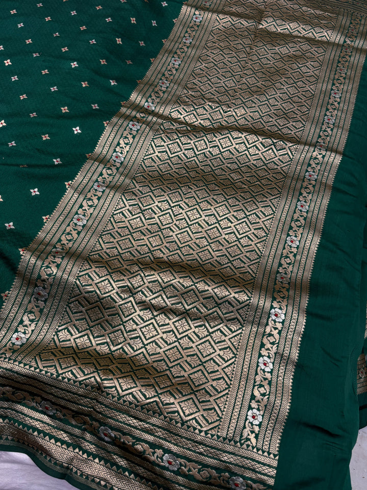 Bottle Green Pure Chiniya Silk Handloom Banarasi Saree