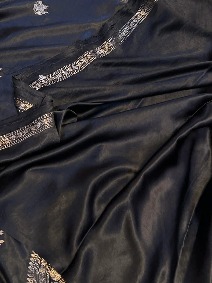 Black Pure Mashru Silk Handloom Banarasi Saree