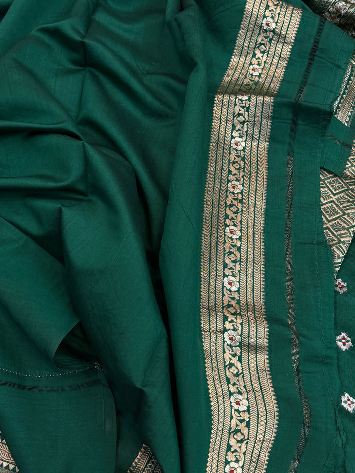 Bottle Green Pure Chiniya Silk Handloom Banarasi Saree