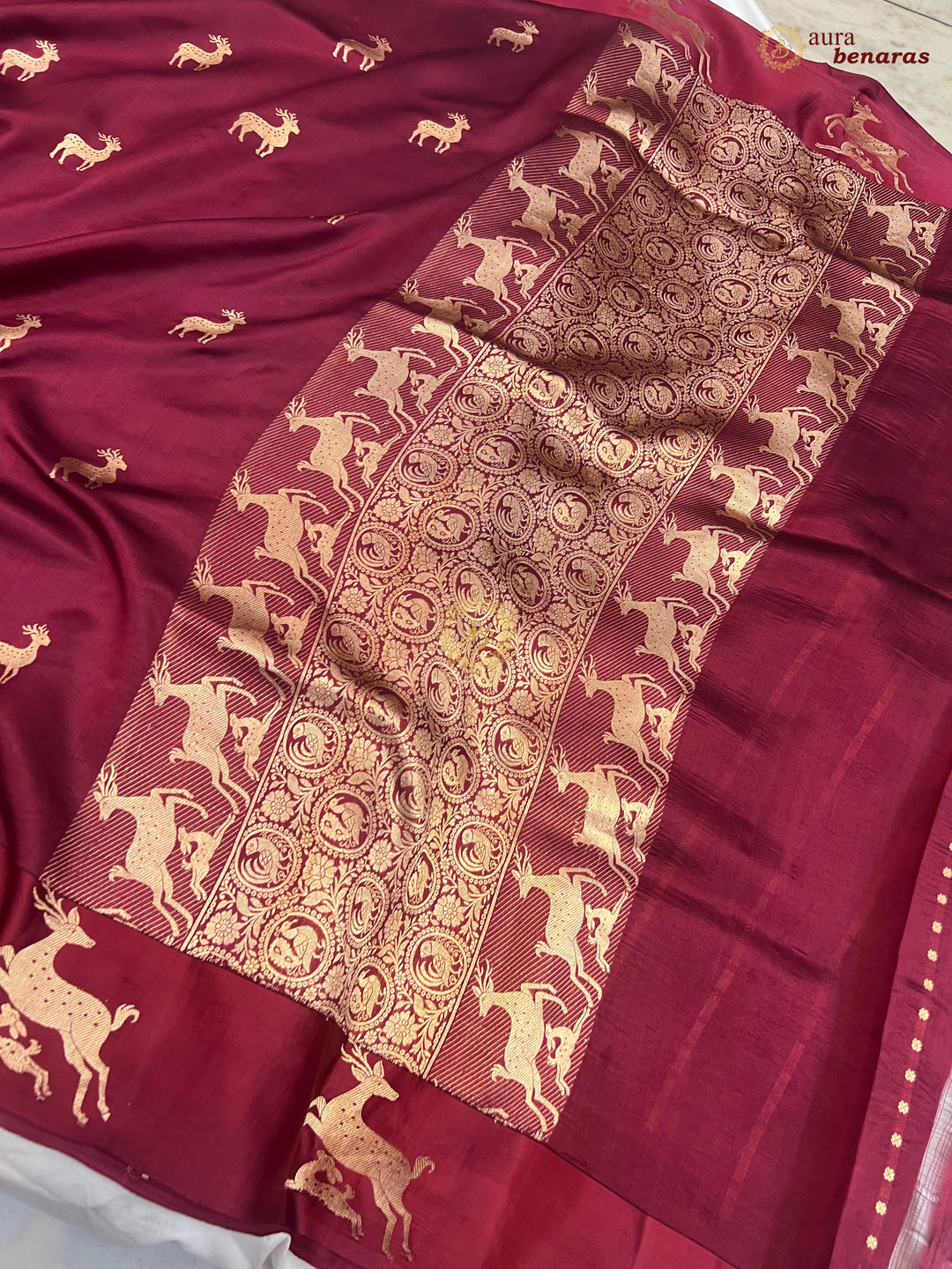 Maroon Pure Silk Banarasi Saree with Deer Motif Border